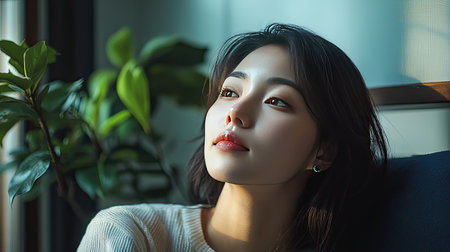 An Asian woman relaxing at home.の素材