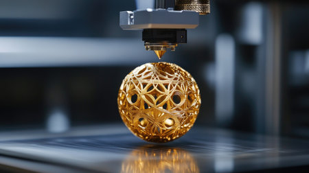 A 3D printer creating a detailed gold ornament, blending traditional craftsmanship with modern techの素材