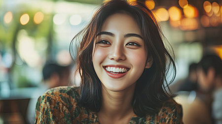 An Asian model with a contagious smile, making others around her smile.の素材
