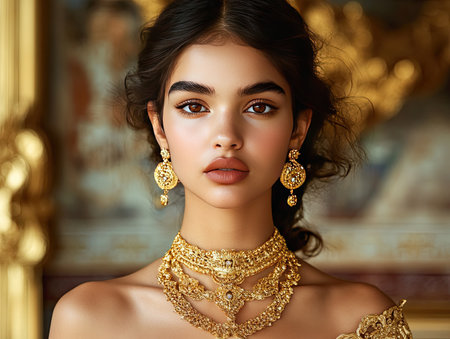 A model wearing a gold necklace and matching earrings, set against a luxurious backdropの素材