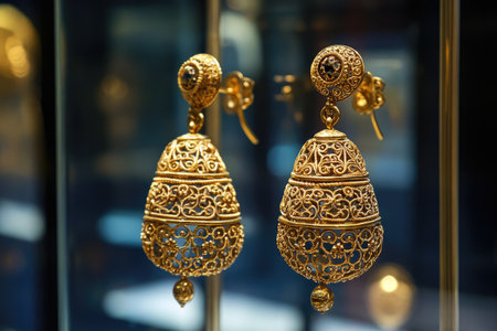Antique gold earrings displayed in a historical museum, with intricate filigree designsの素材