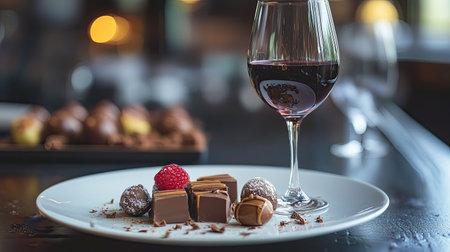 A plate of chocolate paired with a glass of dessert wineの素材