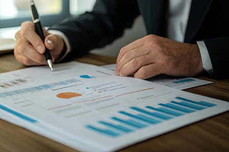 A finance director reviewing quarterly financial reports in a meeting roomの素材