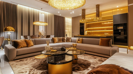 Gold accents in luxury interior design, used in a living room with modern furniture and warm lightingの素材