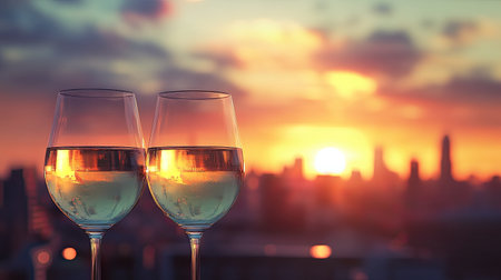 A pair of wine glasses filled with white wine, with a sunset over a city skyline in the backgroundの素材