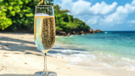 A glass of sparkling wine with a summer beach scene in the backgroundの素材