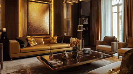 Gold accents in luxury interior design, used in a living room with modern furniture and warm lightingの素材