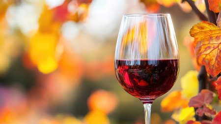 A glass of red wine with autumn leaves in the backgroundの素材