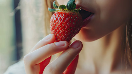 A person feeling nostalgic while eating a strawberryの素材