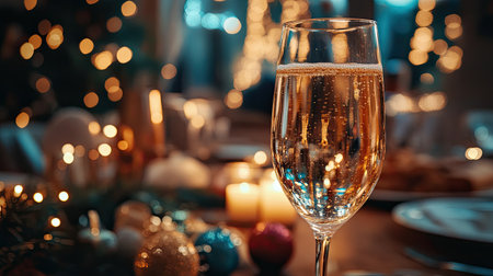 A wine glass filled with sparkling wine, with a festive party scene in the backgroundの素材