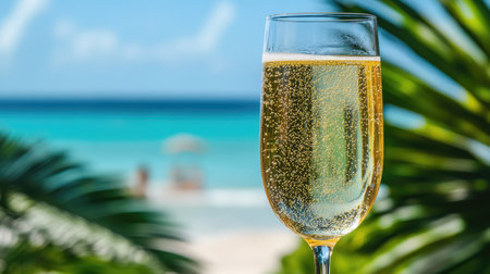 A glass of sparkling wine with a summer beach scene in the backgroundの素材