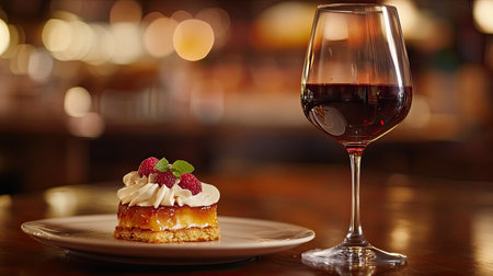 A wine glass filled with dessert wine, with a decadent dessert in the backgroundの素材