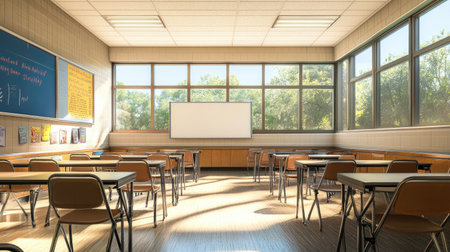 Classroom with desks, chairs, and a whiteboardの素材