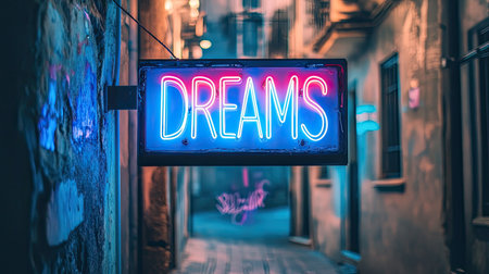 Neon sign with the word "DREAMS"の素材