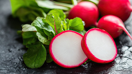 Red radishes sliced in half with green leaves attachedの素材