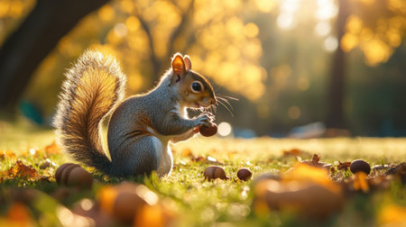 Playful squirrel gathering acorns in a parkの素材
