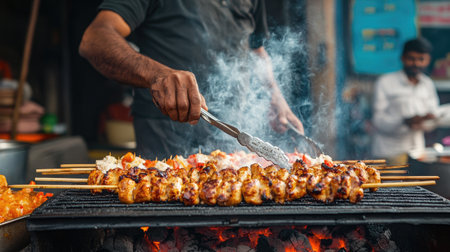 A street food vendor grilling delicious kebabs on a charcoal grillの素材