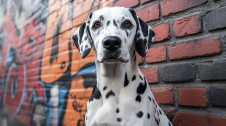 Dalmatian posing in front of a brick wall with graffiti artの素材