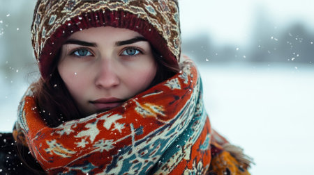 A person wearing a traditional Russian scarf and hat.の素材