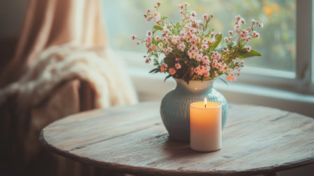 A ceramic table with a vase of flowers and a candle.の素材
