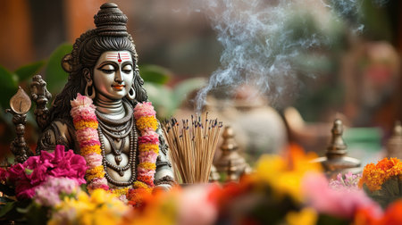 Lord Shiva idol surrounded by colorful flowers and incense sticksの素材