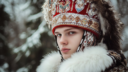 A person wearing a traditional Russian kokoshnik headdress.の素材