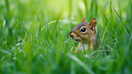 A field of green grass with a squirrel hiding in the tall grass.の素材