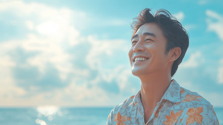 A relaxed Asian man with a happy smile, enjoying a day at the beach.の素材