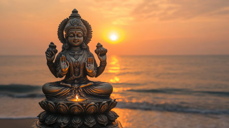 Goddess Lakshmi statue with a backdrop of a serene beach at sunsetの素材