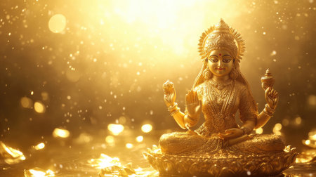 Goddess Lakshmi idol bathed in golden light, symbolizing prosperityの素材