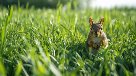 A field of green grass with a squirrel hiding in the tall grass.の素材