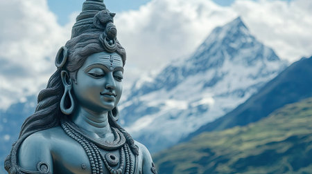 Lord Shiva statue with a backdrop of a majestic mountain rangeの素材