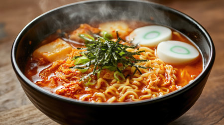 A steaming bowl of kimchi ramen with spicy kimchi and broth.の素材