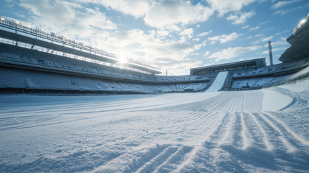A stadium with a field covered in snow, with a ski jump set up.の素材