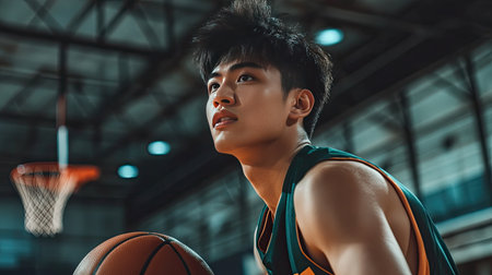 An Asian man playing a sport.の素材