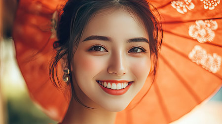 An Asian model with a proud smile, showcasing her cultural heritage.の素材
