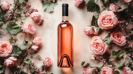 A bottle of rose wine with a floral backgroundの素材