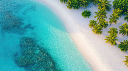 top view of a tropical island, white sandy beaches meeting crystal clear blue waters, palm trees scattered across the shoreの素材
