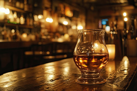 A glass of bourbon whiskey with a golden hue, reflecting candlelight in a cozy barの素材