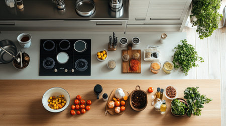 top view of a fully equipped modern kitchen, with ingredients laid out on the counter for a cooking sessionの素材