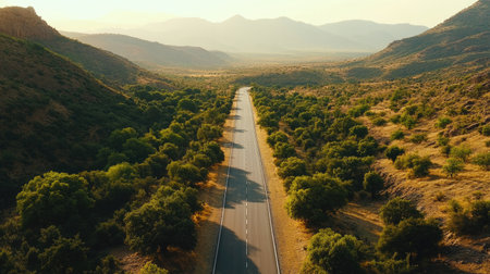 top view of a road leading through a valley, with trees lining both sides and mountains in the distanceの素材