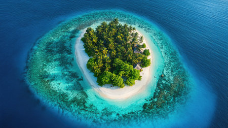 top view of a tropical island surrounded by clear blue water, with palm trees and white sandy beaches, creating a paradise vibeの素材