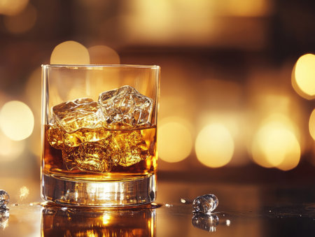 A glass of bourbon on the rocks with golden liquid and perfectly clear iceの素材