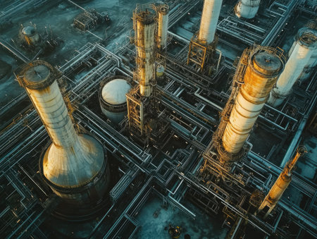 An industrial plant in the oil and gas industry, refining petroleum into usable productsの素材