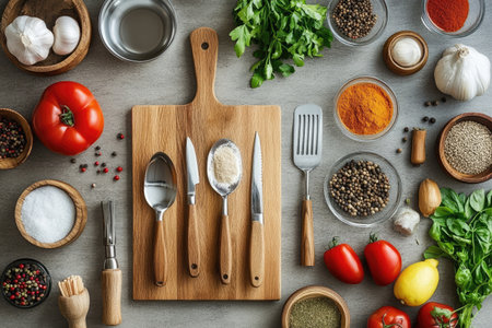 top view of a kitchen counter with neatly organized utensils, spices, and fresh ingredients ready for cookingの素材