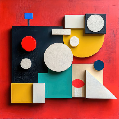 top view of abstract geometric shapes in bold primary colors, arranged in a playful, modern compositionの素材