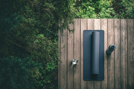 top view of a yoga mat on a deck surrounded by nature, with a peaceful forest view, water bottle beside the matの素材