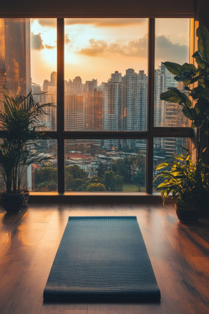 top view of a yoga mat in a modern apartment, with a large window showcasing a stunning cityscape outsideの素材