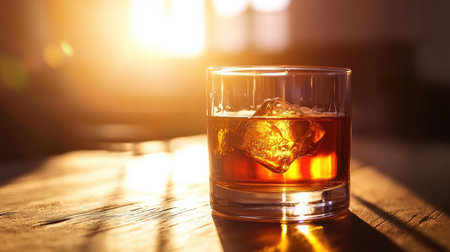 A glass of golden bourbon whiskey, glowing as sunlight passes through the liquidの素材