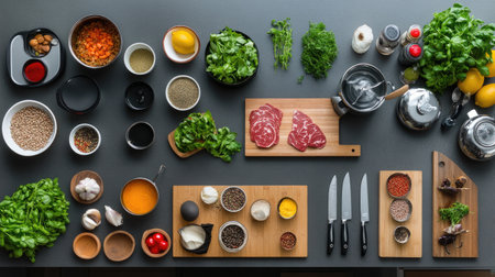 top view of a fully equipped modern kitchen, with ingredients laid out on the counter for a cooking sessionの素材